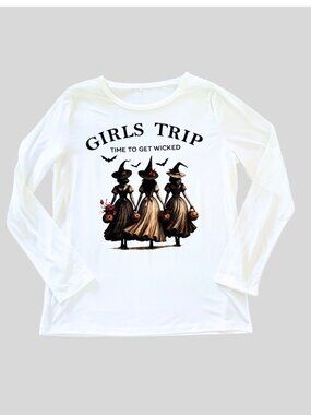 Girls Trip Witch Tee Womens L Halloween Wicked Long Sleeve Graphic White